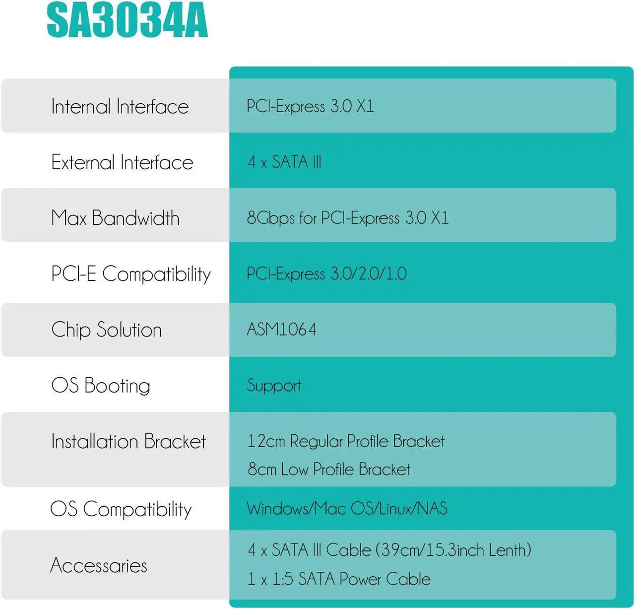 Tarjeta de expansión GLOTRENDS SA3034A de 4 puertos PCIe SATA 3.0, incluye cables SATA y cable divisor de alimentación SATA 1:5, compatible con arranque de sistema operativo, compatible con Windows, Linux, Mac OS y NAS.